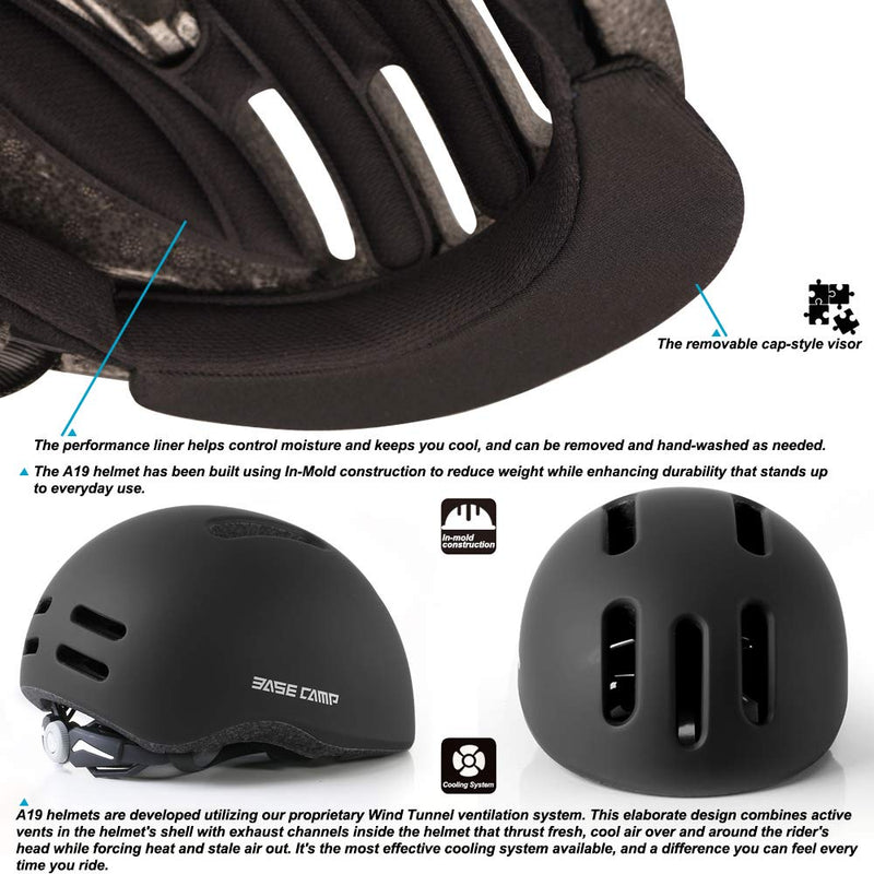 BASE CAMP Adult Bike Helmet with Removable Visor for Urban Commuter Adjustable M Size Black - BeesActive Australia