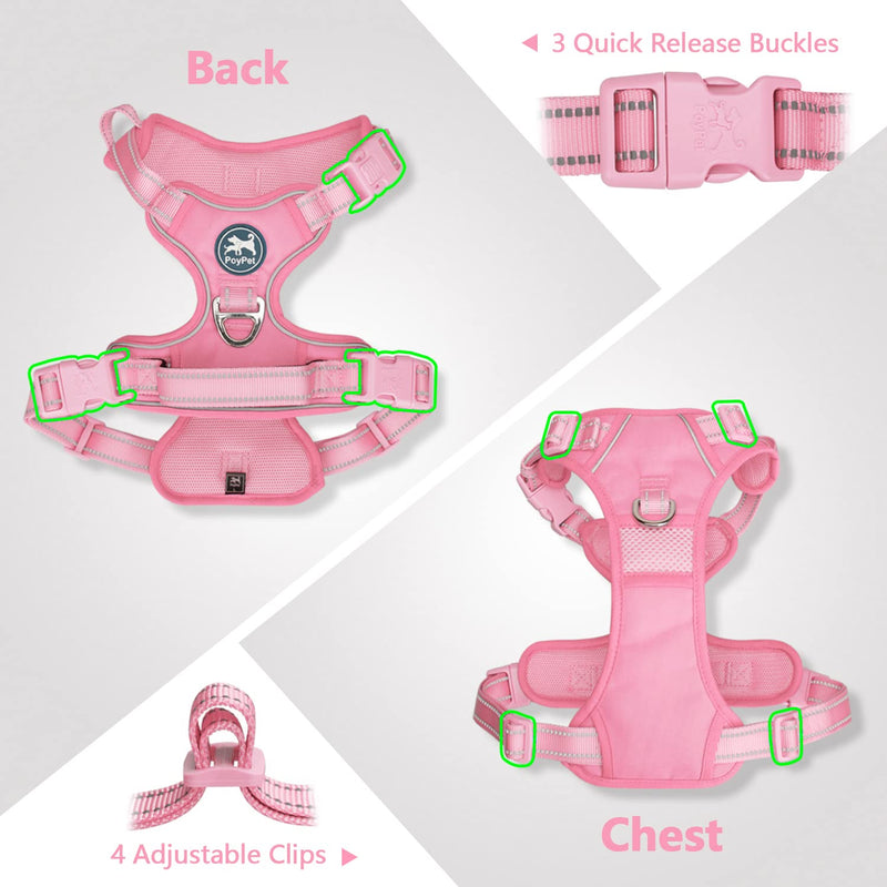 PoyPet No Pull Dog Harness, No Choke Reflective Dog Vest, Adjustable Pet Harnesses with 2 Leash Attachments with Easy Control Padded Handle for Small Medium Large Dogs L Light Pink(Matching Trim) - BeesActive Australia