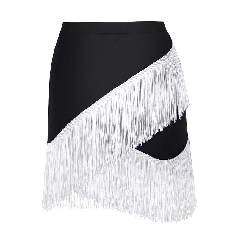 [AUSTRALIA] - dPois Womens Adult Belly Dance Fringe Tassel Skorts Mini Skirts Ballroom Samba Tango Dance Dress Dancewear Costume Black&white X-Large 