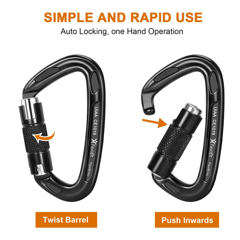 Favofit UIAA Certified Climbing Carabiners, 3 Pack, 25KN (5620 lbs) Heavy Duty Large Locking Carabiner Clips for Rock/Ice Climbing Rappelling Rescue Swing etc, Black - BeesActive Australia