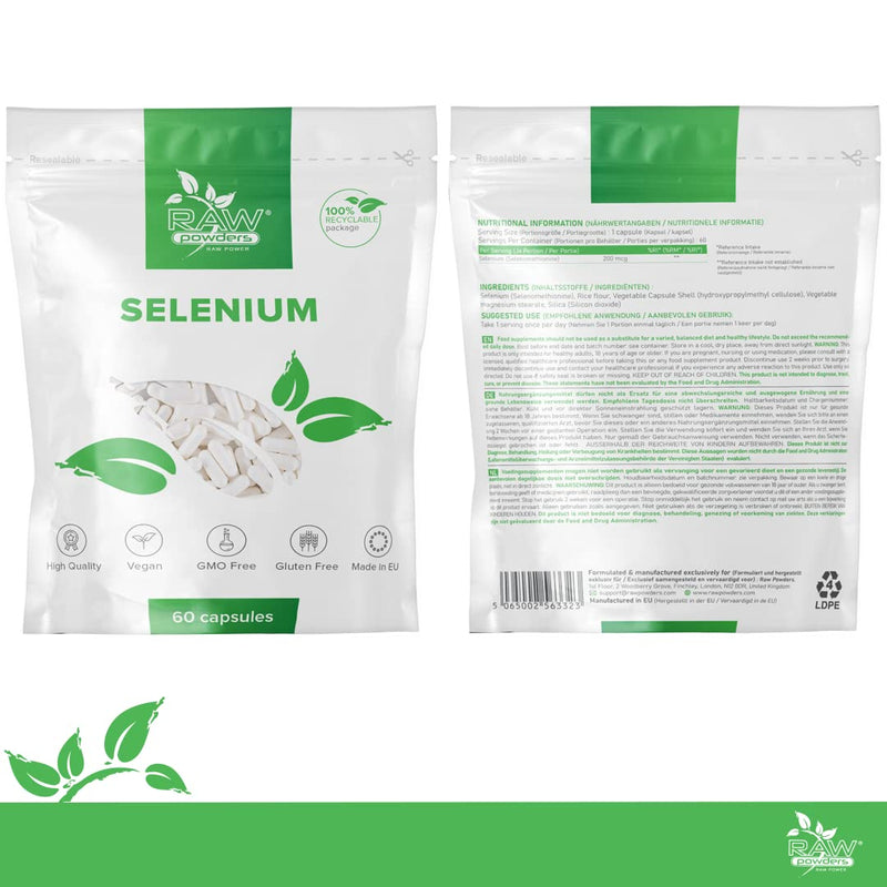 Selenium 200 mcg 60 Capsules High Strength � Selenium Vegan Supplement � Selenium Supplements � Acts as Powerful Antioxidant - Thyroid Function, Immune System, Hair, and Nails Support by Raw Powders - BeesActive Australia