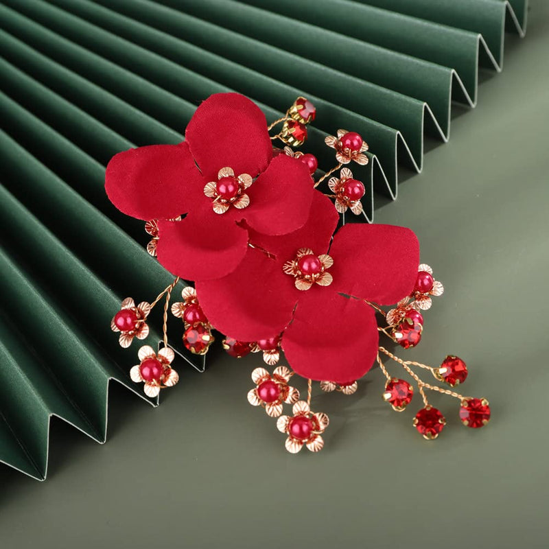 Sither Red Hair Clip for Bridal Floral Hair Comb for Women Wedding Hair Accessories for Bride Hair Clip Headpiece for Wedding Party Prom Gift - BeesActive Australia