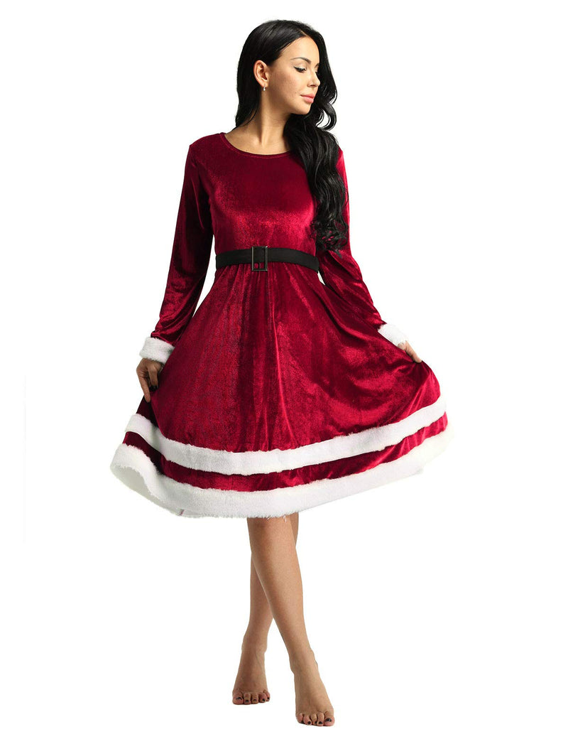 [AUSTRALIA] - moily Women's Soft Velvet Christmas Long Sleeves Knee Length Dress Santa Clause Cosplay Costume Red Medium 