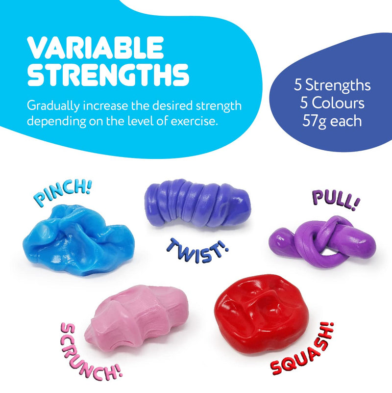 JFA Medical Therapy Exercise Putty 5 Strengths Alternative Colours - Extra Soft, Soft, Medium, Firm, Extra Firm 57g Tubs - BeesActive Australia
