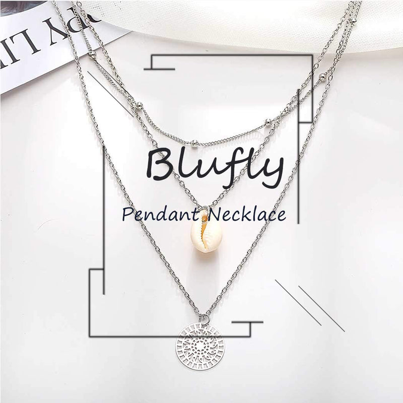 Blufly Layered Coin Pendant Necklace Silver Shell Necklaces Beads Necklace Chain Boho Jewelry for Women and Girls - BeesActive Australia