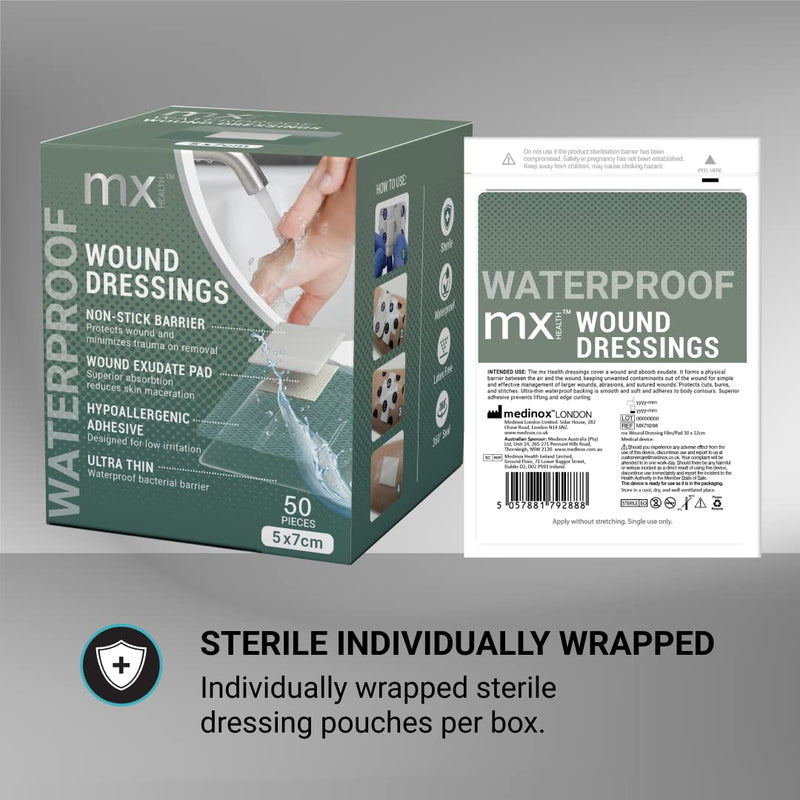 mx HEALTH Waterproof Wound Dressing Film+PAD - 5X7CM (2.5X4CM Wound PAD) - 50 Individually Wrapped DRESSINGS PER Box - BeesActive Australia