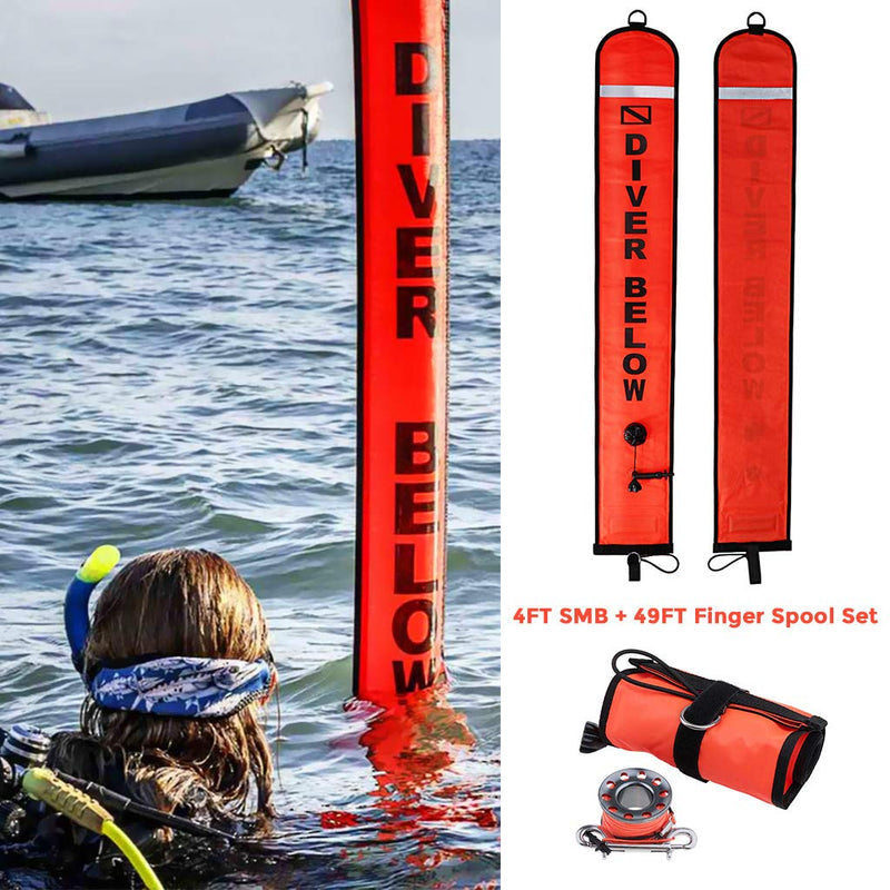 [AUSTRALIA] - Seafard 4ft/5ft Scuba Diving Open Bottom Surface Marker Buoy (SMB) with 49ft/98ft Finger Spool Alloy Dive Reel and Double Ended Bolt Clip Gray Reel+Red SMB 4ft SMB 49ft Reel 