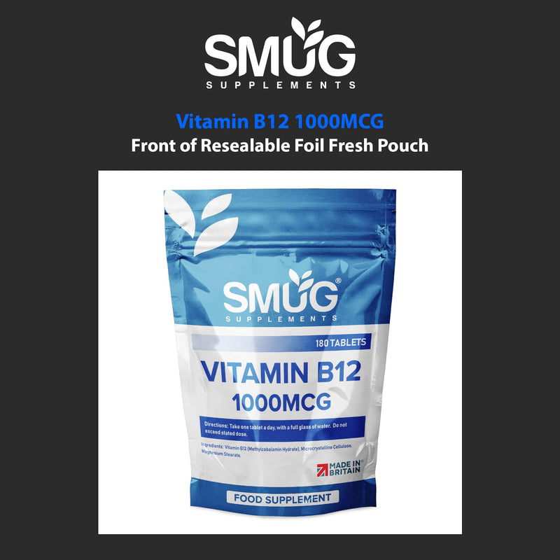 SMUG Supplements Vitamin B12 Tablets - 180 High Strength 1000mcg Pills - Contributes to The Reduction of Fatigue and Tiredness - Suitable for Men and Women - Vegan Friendly - Made in Britain - BeesActive Australia