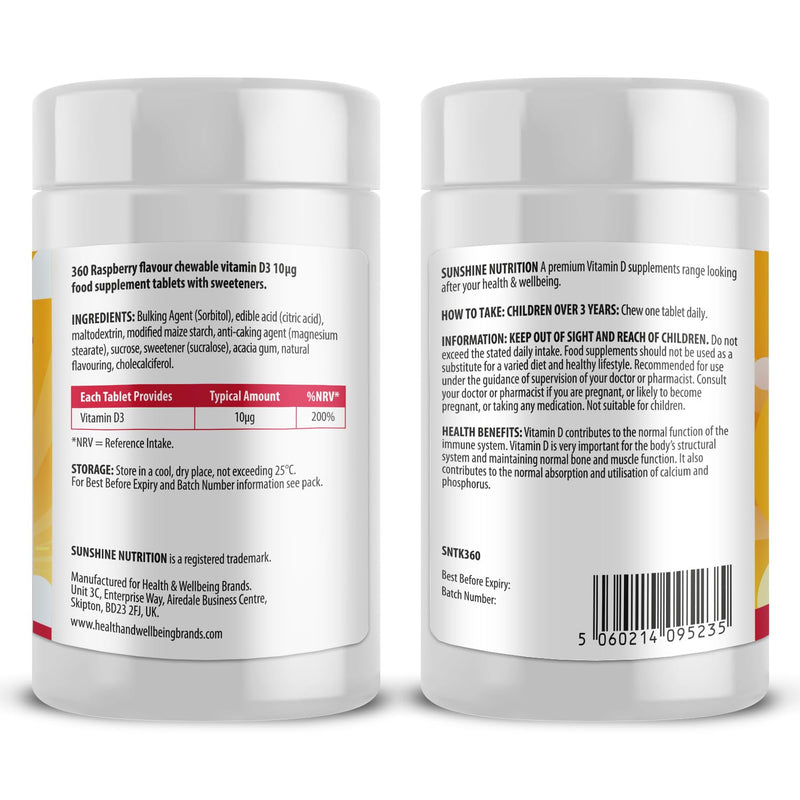 Vitamin D Chewable Supplements for Children 360 Raspberry Flavour Tablets by Sunshine Nutrition (Kids Chewable D3) Kids Chewable D3 - BeesActive Australia