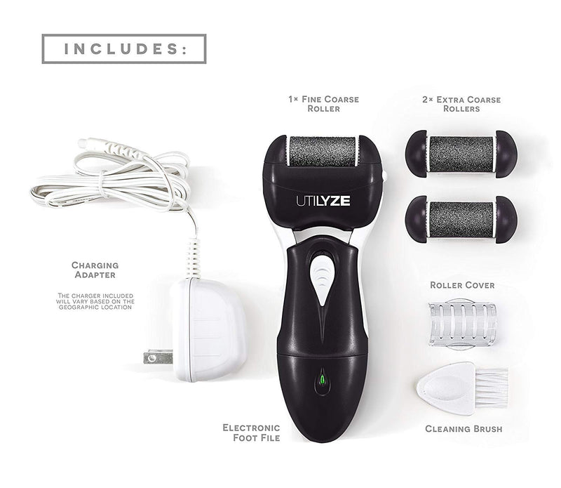 UTILYZE Most Powerful Rechargeable Electronic Foot File Wet & Dry Pedicure Tools Electric Callus Remover With Turbo-Boost Motor, 3 Rollers Included (Black) - BeesActive Australia