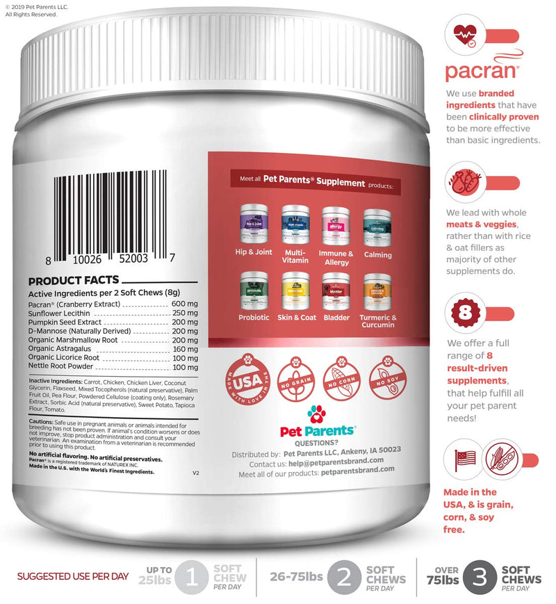 Pet Parents® USA Cranberry Supplement for Dogs - Kidney, Bladder & Urinary Tract (UT) Support Chews - Dog UTI & Incontinence Treatment w/ Pacran®, D-Mannose & Pumpkin Seed 4g 90 Count - BeesActive Australia