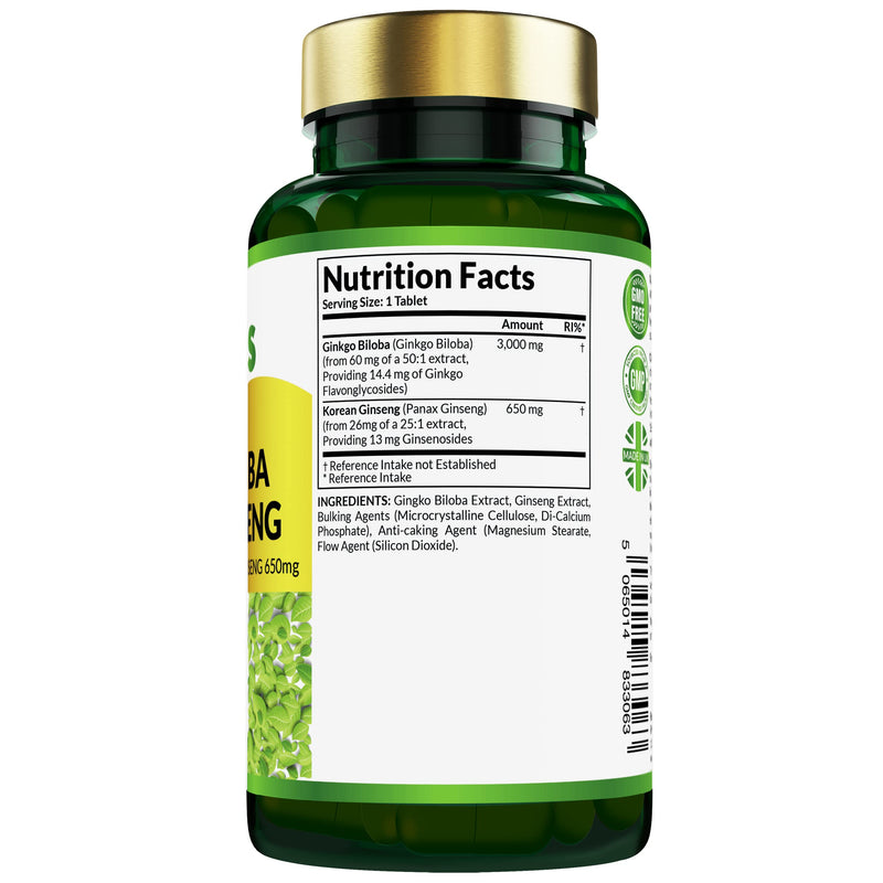 Etanics Ginkgo Biloba 3000mg & Ginseng 650mg Tablets | Memory, Cognitive Functions & Sexual Health for Vegetarians and Vegans - Made in The UK - BeesActive Australia