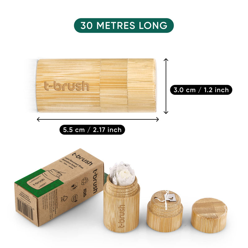 t-brush Dental Floss Mint Flavoured 30m | Within Refillable Bamboo Container | Eco-Friendly Vegan Cruelty-Free BPA Free Craft Packing No Plastic - BeesActive Australia