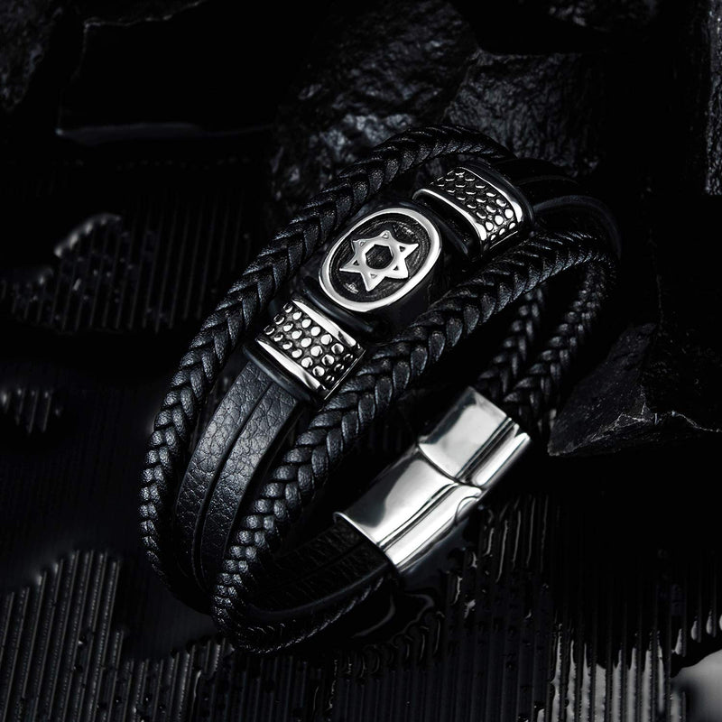 TEMICO Mens Black Leather Cuff Bracelet Multi-Layer Braided Leather Magen Star of David Bracelet Jewish Jewelry - BeesActive Australia