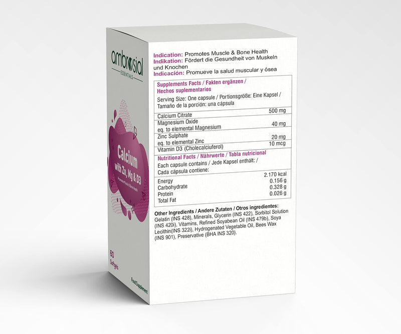Ambrosial Calcium Magnesium Zinc & Vitamin D High Potency Calcium Supplement for Bone Health, Muscles & Teeth | Highly Bioavailable Calcium Citrate Formula | Calcium Tablets 60 Softgels 60 count (Pack of 1) - BeesActive Australia