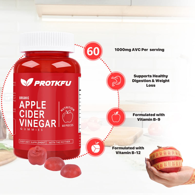 ProTKFU (2-Pack) Apple Cider Vinegar Gummies, ACV Gummies with The Mother, Vegan, Gluten-Free, Vitamin B12, B9 - Best Supplement for Healthy - BeesActive Australia