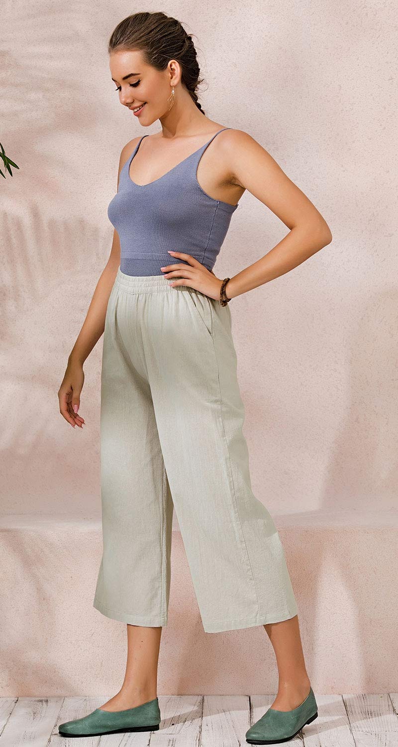 ECUPPER Womens Casual Loose Elastic Waist Cotton Trouser Cropped Wide Leg Pants 12-14 Natrual - BeesActive Australia