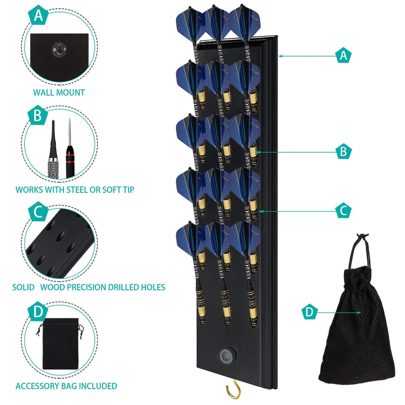 Wall Mounted Darts Holder Displaying 15pcs Steel Tip or Soft Tip Darts | Dart Caddy for Wall with Metal Hook, Come with Darts Throw Line Marker, Accessory Bag, and Darts Sharpener W/1 Darts Holder - BeesActive Australia