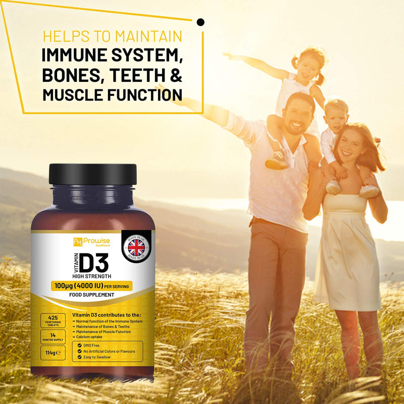 Vitamin D3 4000 IU High Strength I 425 Vegetarian Tablets (14 Months Supply) I Easy Swallow Vitamin D3 Supplement for Immune Support, Calcium Boost, Bone & Muscle I Vitamin D Made in the UK by Prowise - BeesActive Australia