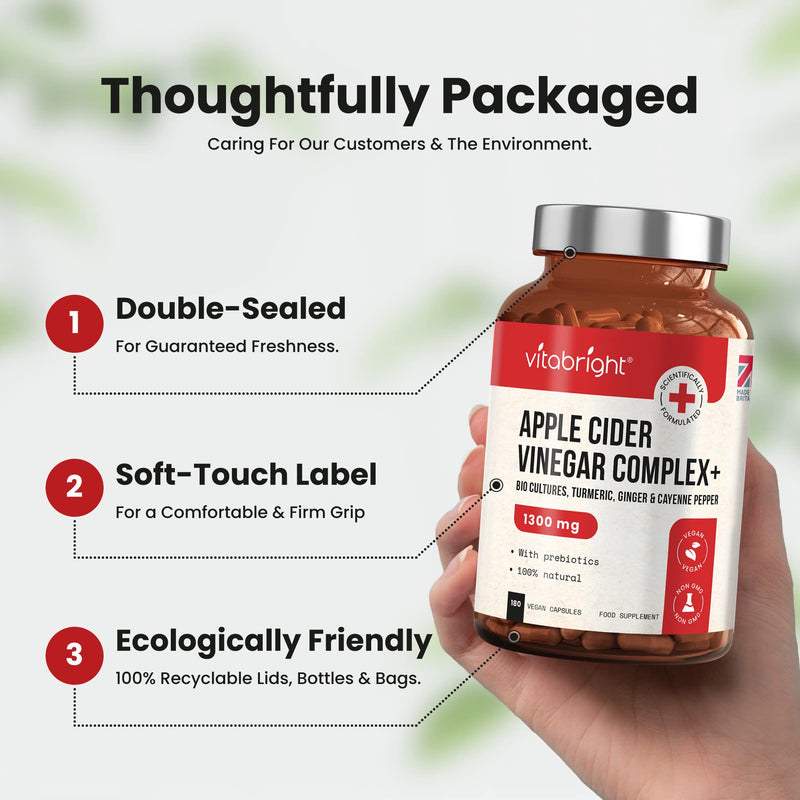 Apple Cider Vinegar Capsules with Pro and Prebiotics, Turmeric, Ginger and Cayenne Pepper – 180 Vegan Capsules - 1300mg per Serving - Raw & Unfiltered – Keto Diet Friendly – Made in The UK - BeesActive Australia