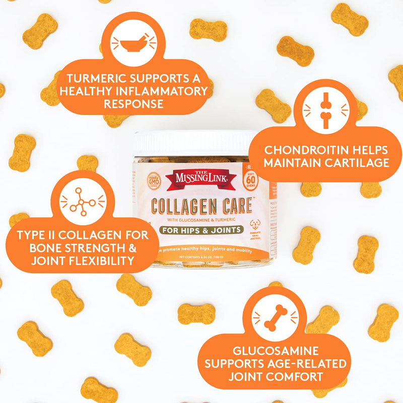 The Missing Link Collagen Care Soft Chew Nutritional Treats for Dogs - Collagen, Glucosamine, Chondroitin & Turmeric - Mobility & Anti-Inflammatory Support - Hip & Joint 60 Count - BeesActive Australia
