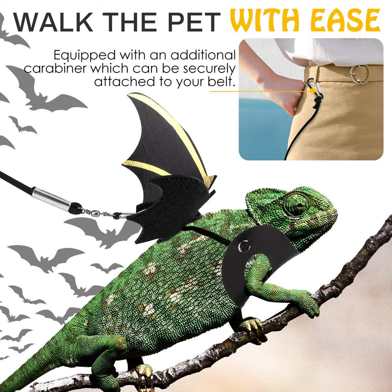 Pawaboo Adjustable Bearded Dragon Harness and Leash, 3 Size Leather Reptile Leash Outdoor Harness Leash with Bat Wings for Lizard Reptiles Amphibians Small Pet Animals, Small/Medium/Large Black+Gold - BeesActive Australia