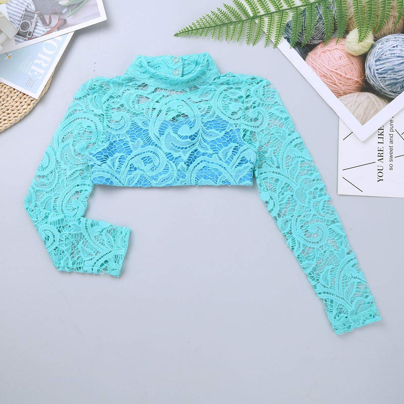 [AUSTRALIA] - ranrann Kids Girls Long Sleeves Lace Ballet Dance Outfit Criss Cross Back Mock Neck Tops with Bottoms Set Mint_green&light_blu 7-8 