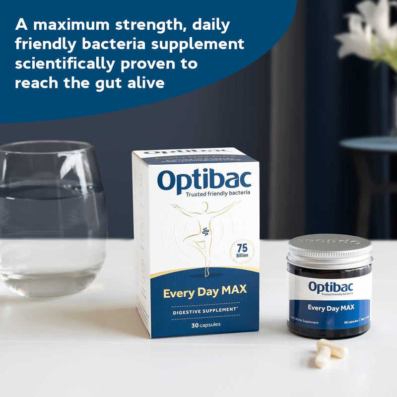 Optibac Probiotics Every Day MAX - Advanced Maximum Strength Vegan Digestive Supplement with 75 Billion Bacterial Cultures - 30 Capsules - BeesActive Australia