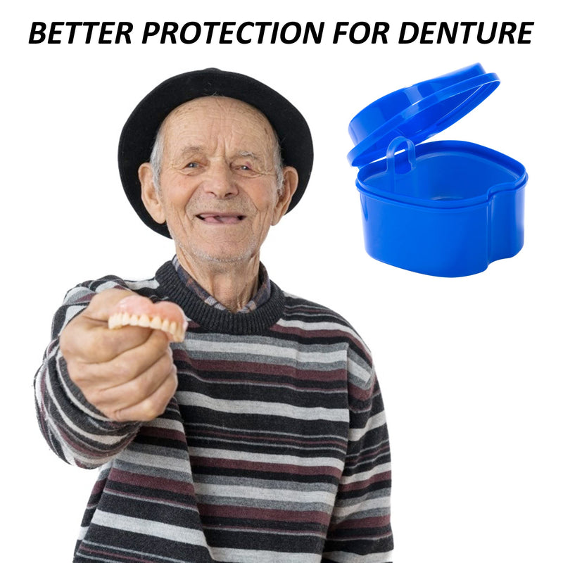 Heveer Denture Bath Case Dental Retainer Box Portable Denture Container with Strainer for False Teeth Storage Soaking Cleaning Dark Blue - BeesActive Australia