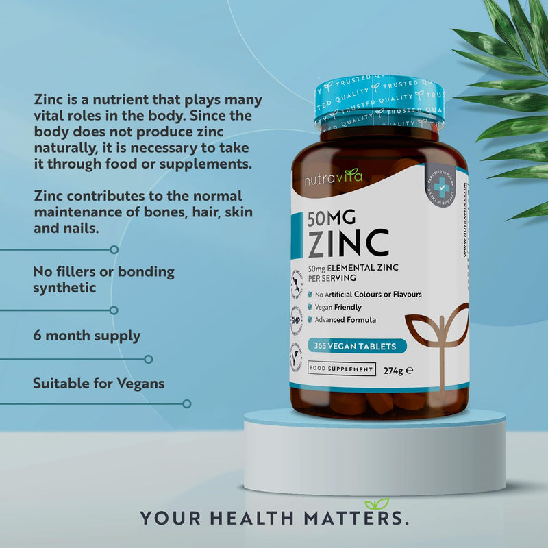 Zinc Tablets 50mg � 365 Vegan Tablets for 6 Months Supply � Zinc Supplement High Strength for Maintenance of Normal Immune System, Bones, Hair, Skin & Nails � Made in The UK by Nutravita - BeesActive Australia