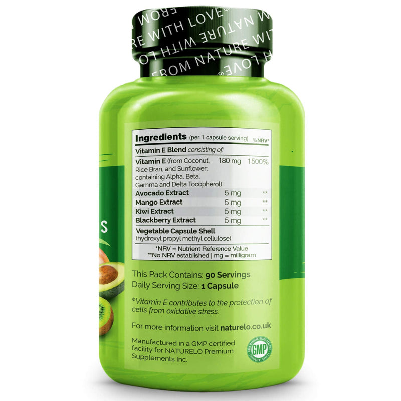 NATURELO Vitamin E with Mixed Tocopherols from Natural Sources (Coconut, Sunflower & Rice Bran) - 350mg - Includes Avocado, Mango, Kiwi & BlackBerry Extracts - 90 Vegan Capsules | 3 Months Supply - BeesActive Australia