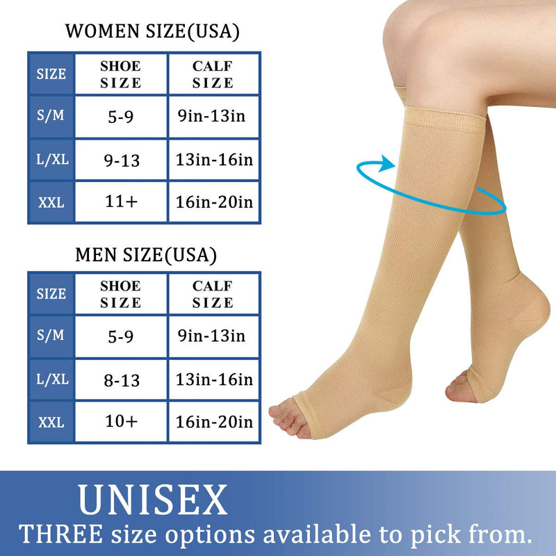 Evolyline 3 PAIRS Compression Socks for Women & Men, Open Toe Medical Compression Stockings Knee High 15-25mmHg for Nurses Running Flying Pregnancy Flight Sports, Fit for Swollen Ankles Varicose Veins Beige L-XL - BeesActive Australia