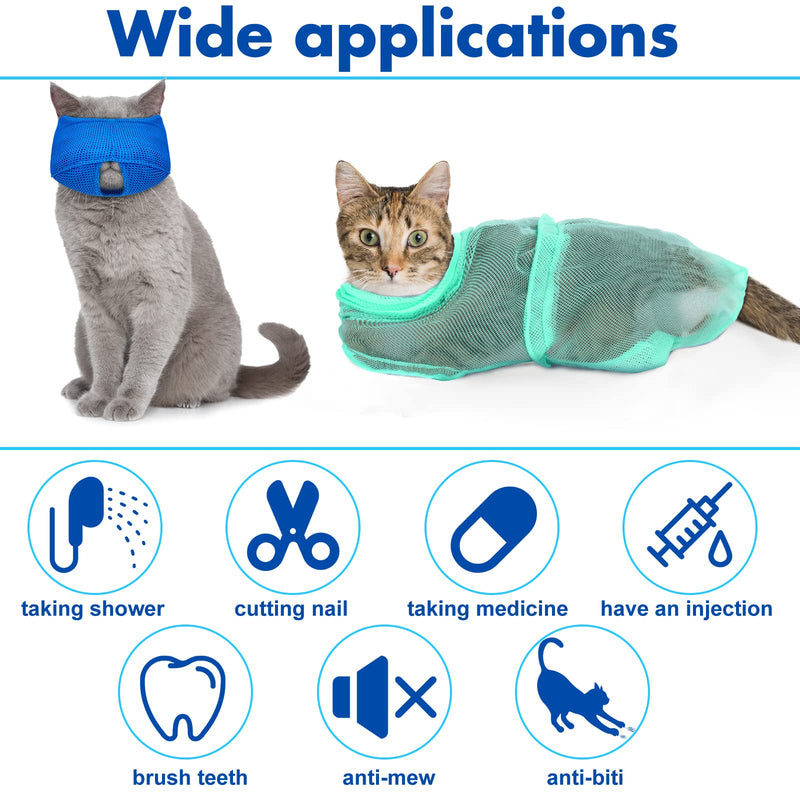 9 Pieces Cat Bathing Bag Set Cat Shower Bag Anti Bite and Anti Scratch Cat Grooming Bag for Pet Washing Brush Comb, Cat Muzzle, Nail Clipper, Nail File, Tick Tool Blue, Turquoise - BeesActive Australia