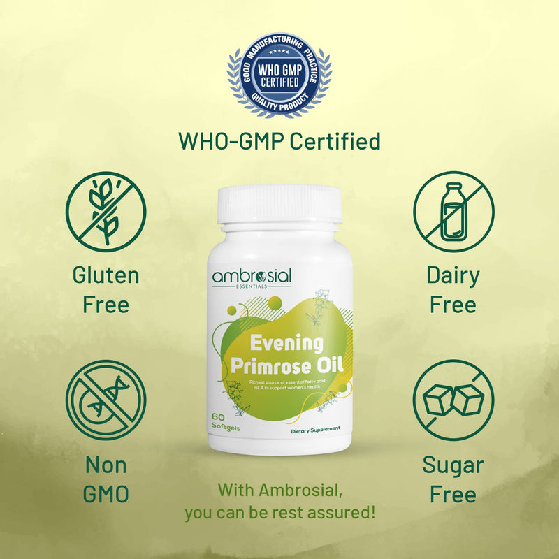 Ambrosial Evening Primrose Oil 1000mg (EPO) | Cold Pressed Evening Primrose Oil Capsules | Rich Source of Omega 6 Fatty Acids & GLA | High Strength Evening Primrose Capsules (Pack of 1-60 Softgels) 60 count (Pack of 1) - BeesActive Australia