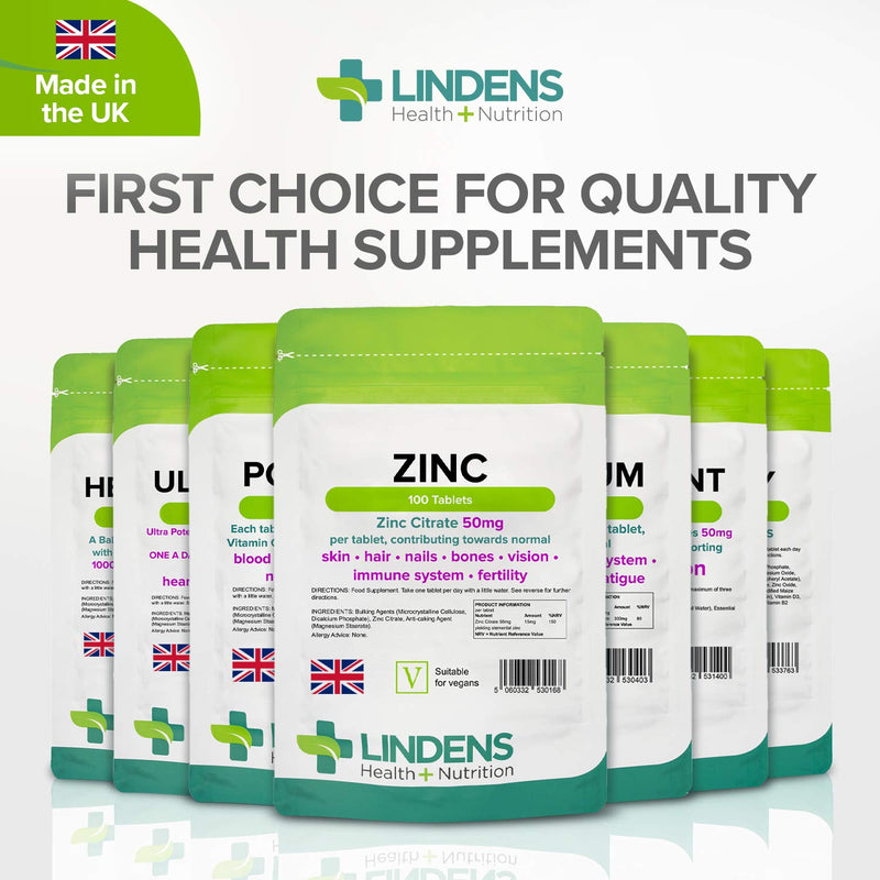 Lindens Zinc Citrate 50mg - 100 Vegan Tablets - Immune Function, Fertility, Healthy Bones, Vision, Hair, Nails and Skin - Made in The UK | (3+ Months Supply) | Letterbox Friendly 100 Count (Pack of 1) - BeesActive Australia
