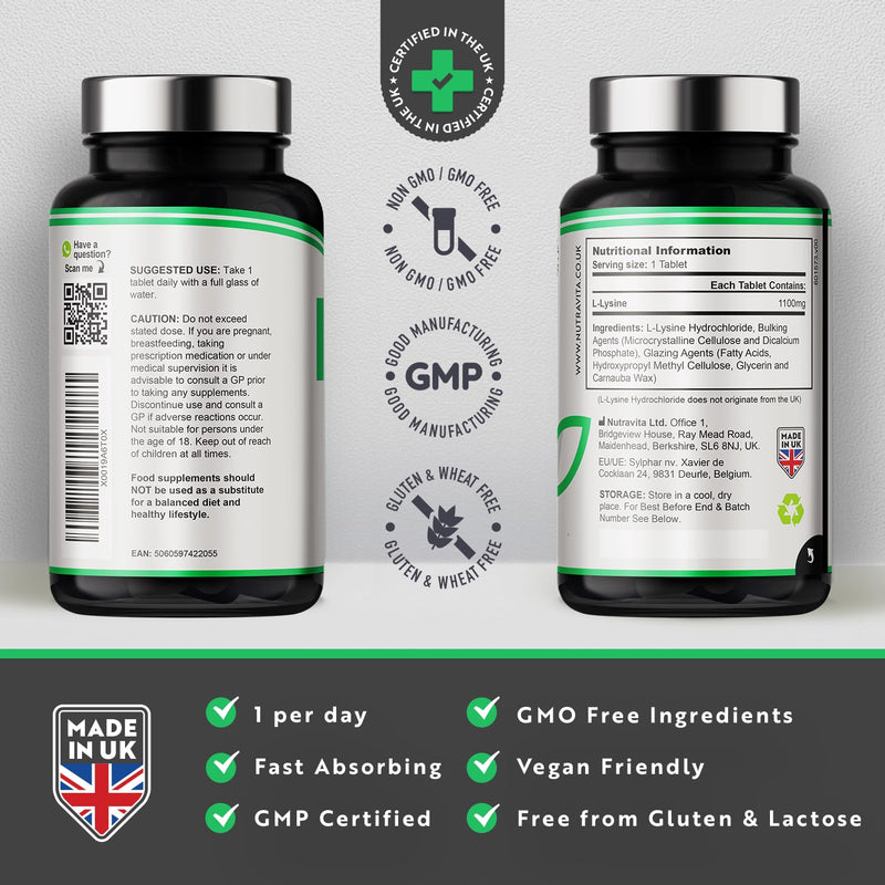 L-Lysine 1100mg High Strength - 240 Vegan & Gluten Free Tablets (8 Month Supply) - Cold Sore Treatment, Essential Amino Acid Supplement - Normal Growth and Muscle Turnover - Made in The UK - Nutravita - BeesActive Australia
