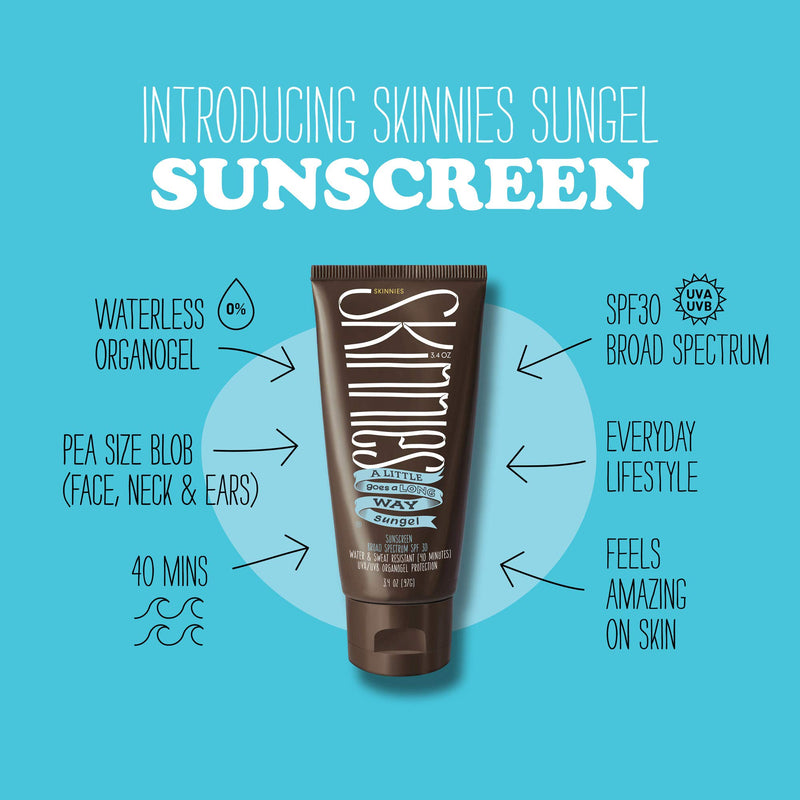 Skinnies Sungel New Formula SPF30 Eco Sunscreen, 3.4oz UVA UVB, Not Diluted With Water, Reef Safe, Vegan, Use Pea Size Blob Fragrance-Free - BeesActive Australia