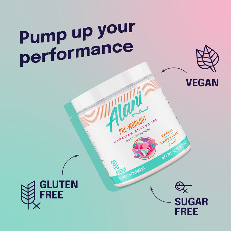 Alani Nu Pre Workout Supplement Powder for Energy, Endurance & Pump, Sugar Free, 200mg Caffeine, Formulated with Amino Acids Like L-Theanine to Prevent Crashing, Hawaiian Shaved Ice 30 Servings - BeesActive Australia