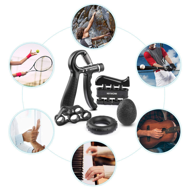 NIYIKOW Grip Strength Trainer Kit with Counter (5 Pack), Counting Grip Strength, Adjustable Hand Grip Strengthener, Finger Trainer, Finger Stretcher, Grip Ring & Stress Relief Grip Ball with Carry Bag Black - BeesActive Australia