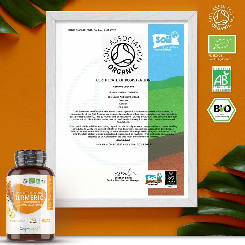 Organic Turmeric Capsules High Strength 1520mg - with Black Pepper & Ginger - 180 Capsules (3 Months Supply) - Soil Association Certified Turmeric Supplement - Natural & Vegan - Made in The UK - BeesActive Australia