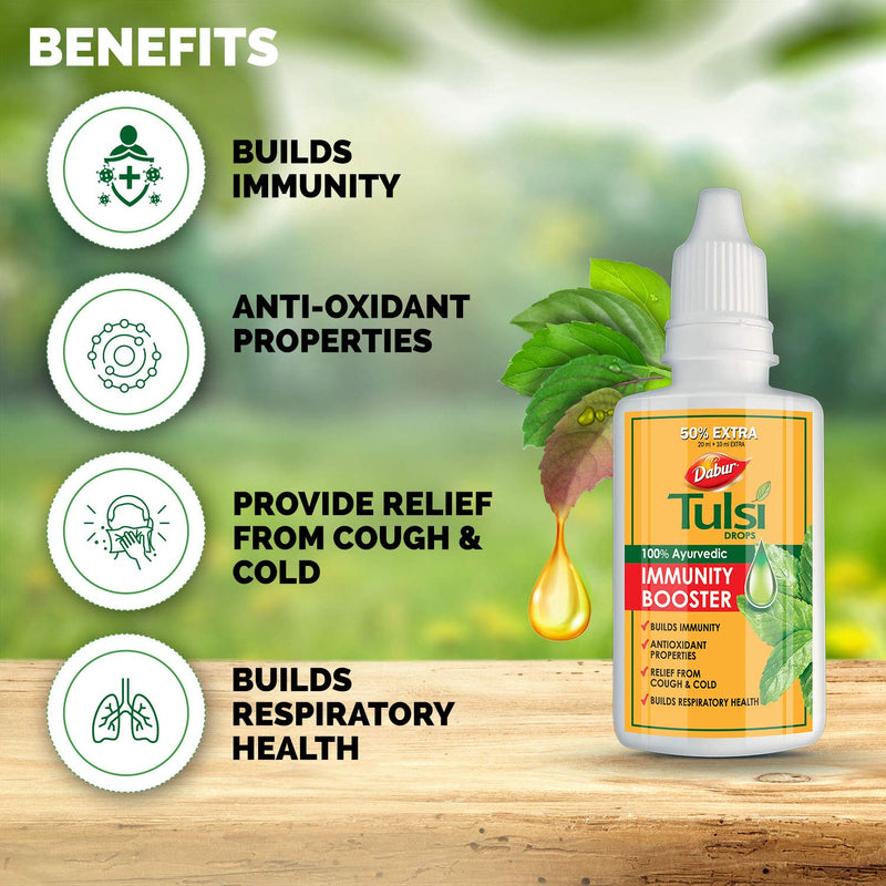 DABUR Tulsi Drops- 50% Extra: Concentrated Extract of 5 Rare Tulsi for Natural Immunity Boosting & Cough and Cold Relief: (20ml +10ml Free) - BeesActive Australia