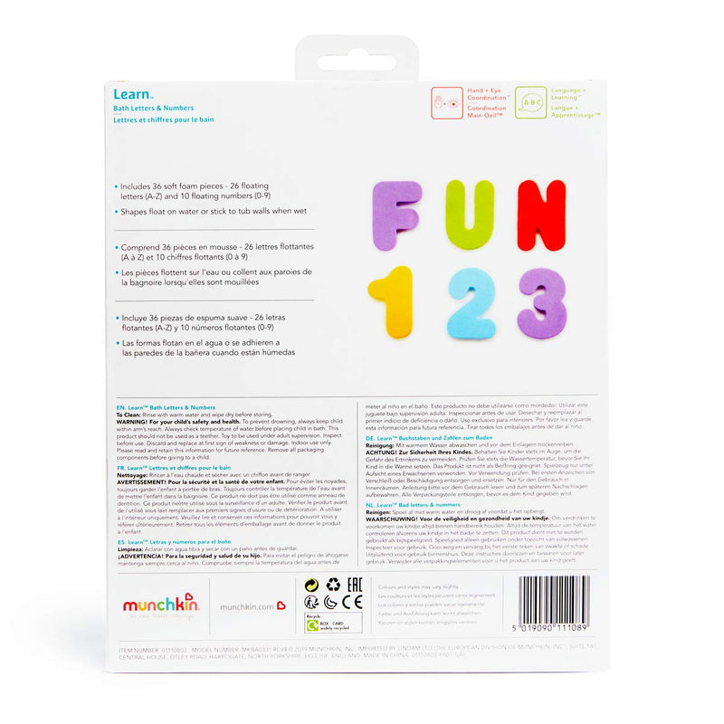 Munchkin Learn Bath Toy, 36 Bath Foam Letters and Numbers (Letters A-Z; Numbers 0-9) Primary - BeesActive Australia