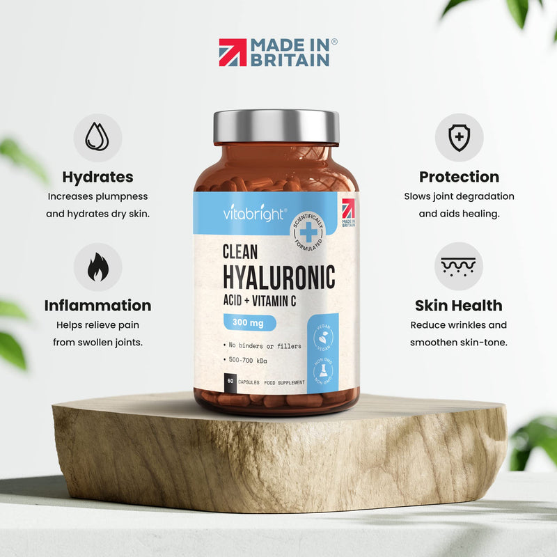 Hyaluronic Acid Capsules - High Strength 300mg - Premium Grade 500-700kDa - 60 Capsules (2 Month Supply) - With Vitamin C - Natural Moisturiser For Face, Body, Skin & Joints - Made In UK By Vitabright - BeesActive Australia