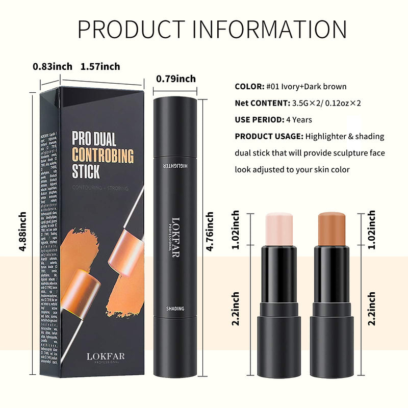 LOKFAR 2 in 1 Contour Foundation Stick, Highlighter & Bronzer Pen Concealer Stick, Face Brightens & Shades Pencil 3D Contour Concealer Makeup Shaping Trimming Stick (Ivory+Dark Brown) Ivory+Dark Brown - BeesActive Australia