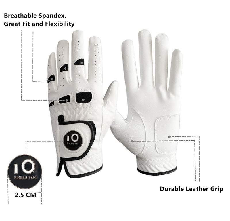 Men’s Golf Glove Left Hand Right with Ball Marker Value 2 Pack, Weathersof Grip Soft Comfortable, Fit Size Small Medium ML Large XL, by Finger Ten Cadet S - BeesActive Australia