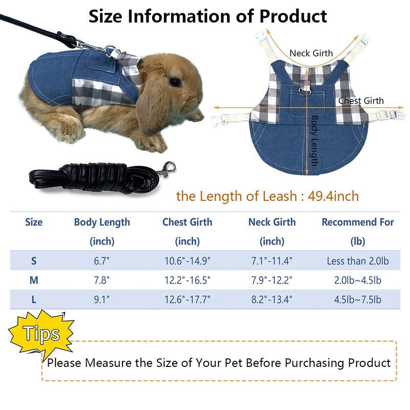 Vehomy Rabbit Harness and Leash Small Animal Clothes for Rabbit Guinea Pig, Bunny Plaid Harness Leash Guinea Pig Blue Denim Black and White Plaid Dress for Kitten Chihuahua and Other Small Animals Medium - BeesActive Australia