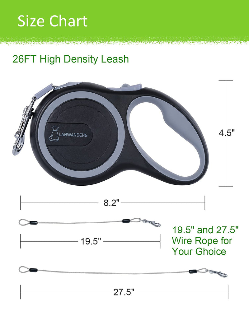 26FT Long Chew Proof Retractable Dog Leash with 2 Heavy Duty Anti-Chewing Wire Ropes, 360° Tangle-Free Dog Lead with Anti-Slip Handle for Small/Medium/Large Dogs… Gray - BeesActive Australia