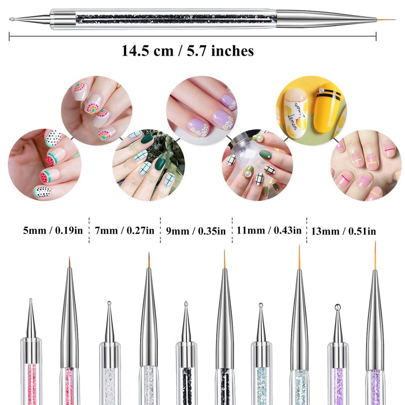 Ycyan 5Pcs Nail Art Brush Set Rhinestone Handle Dual-ended Nail Art Liner Brushes (5/7/9/11/13 mm) and Nail Dotting Tools Multi-colored-5Pcs - BeesActive Australia