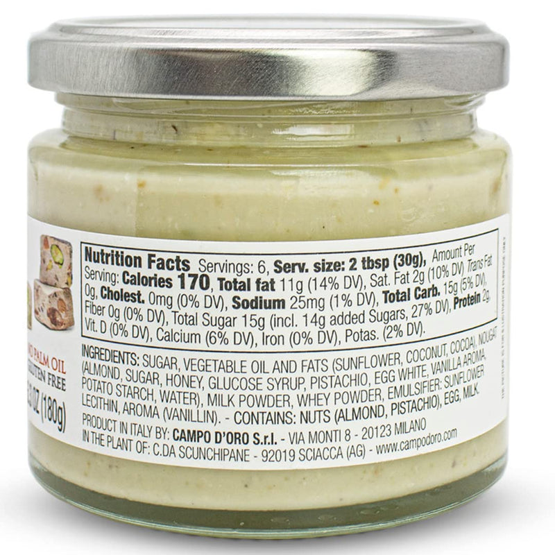 Nougat Butter with Pistachio and Almond, Spreadable Torrone, Crema di Torroncino, (6.35oz - 180 g). Product of Italy, made in Sicily. NON-GMO, Gluten Free, Palm Oil Free, Campo D'Oro Nougat - BeesActive Australia