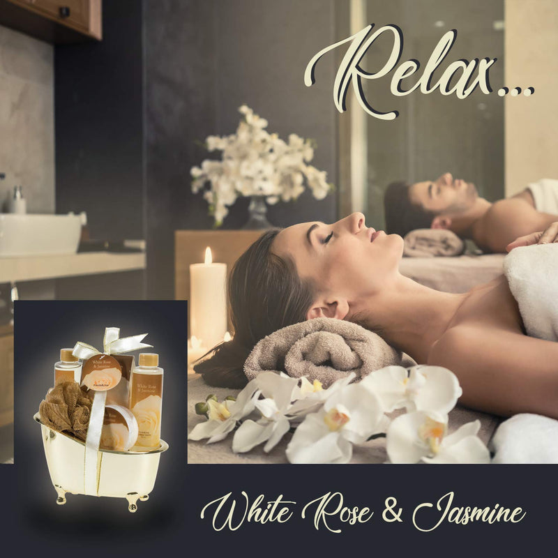 White Rose Jasmine Spa Set For Women Displayed in Elegant Gold Tub Includes Shower Gel, Bubble Bath, Body Lotion, Jasmine Bath Salt and Pouf, Award Winning Bath and Body Set White Rose Jasmine - BeesActive Australia